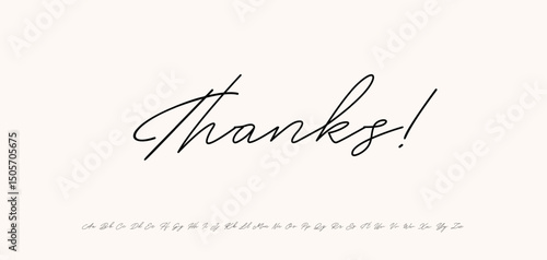 Thanks in elegant modern calligraphy style. Handwritten cursive lettering perfect for wedding stationery, romantic notes, luxury brand visuals. Vector illustration.