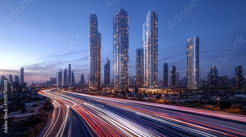 Dubai Skyline, Night Cityscape with Light Trails