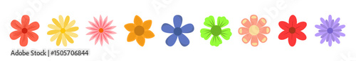 Flower set line. Cute Spring colorful flowers collection. Daisy chamomile, daffodil, sun flower, chrysanthemum gerbera. Growing concept. Fresh blooming elements. Flat design. White background. Vector