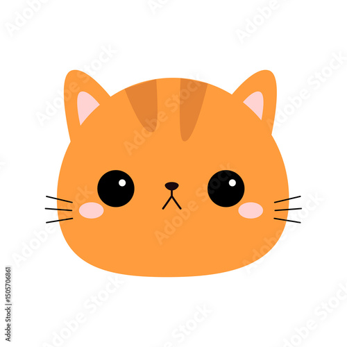 Cute orange cat face head round icon. Kawaii kitten, kitty. Cartoon funny baby character. Sad emotion. Sticker print. Flat design. White background. Isolated Vector illustration