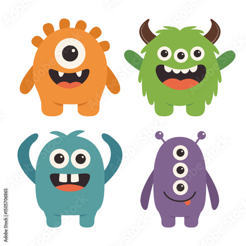 Monster set. Happy Halloween. Funny cartoon kawaii baby character. Smiling face. Cute colorful monsters silhouette icon. Horns, teeth, eyes, hands. Flat design. Childish style. White background Vector