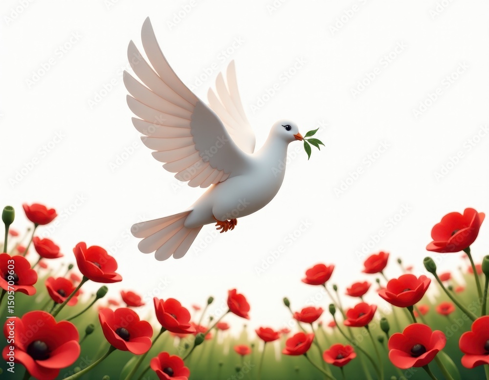 Fototapeta premium 3D Render of White Dove with Olive Branch Flying Over Red Poppies