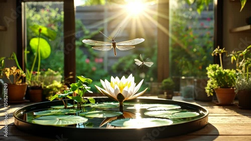Sunlit indoor scene with a water lily, dragonflies, and lush greenery