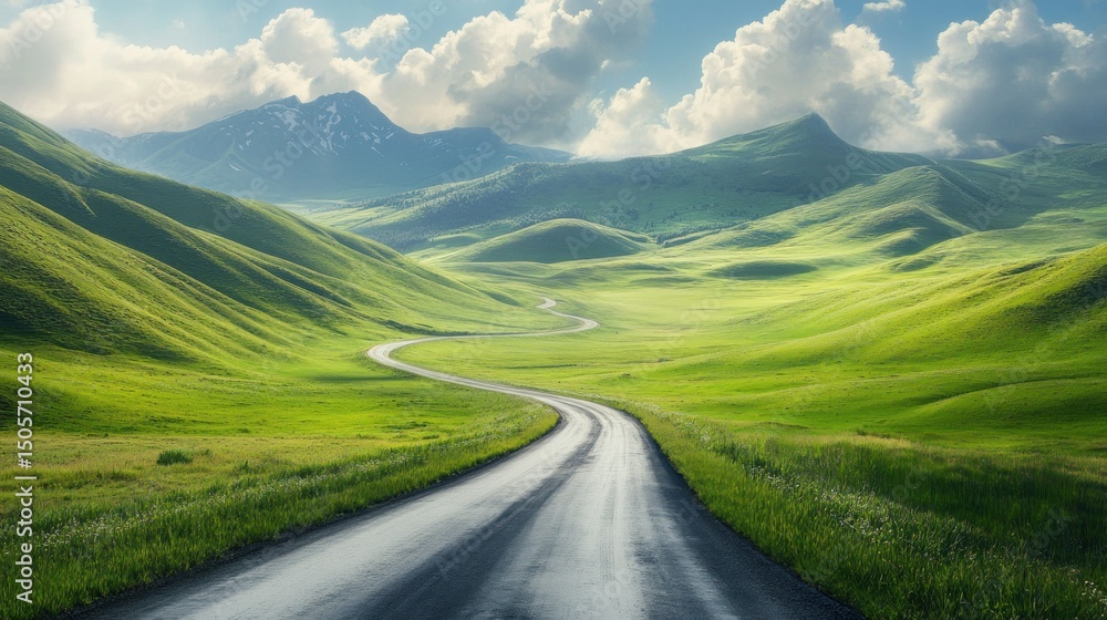 Naklejka premium A stunning highland road surrounded by endless green meadows, background wallpaper AI generated image