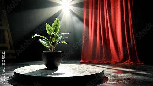 A potted plant on a stage, illuminated by a spotlight, with a red curtain