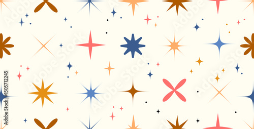 Seamless retro star pattern with colorful starbursts and sparkles in vintage style, ideal for textiles, wallpapers, wrapping paper, backgrounds, stationery, and surface design.Vector illustration