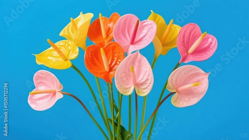 Colorful anthurium flowers against blue background