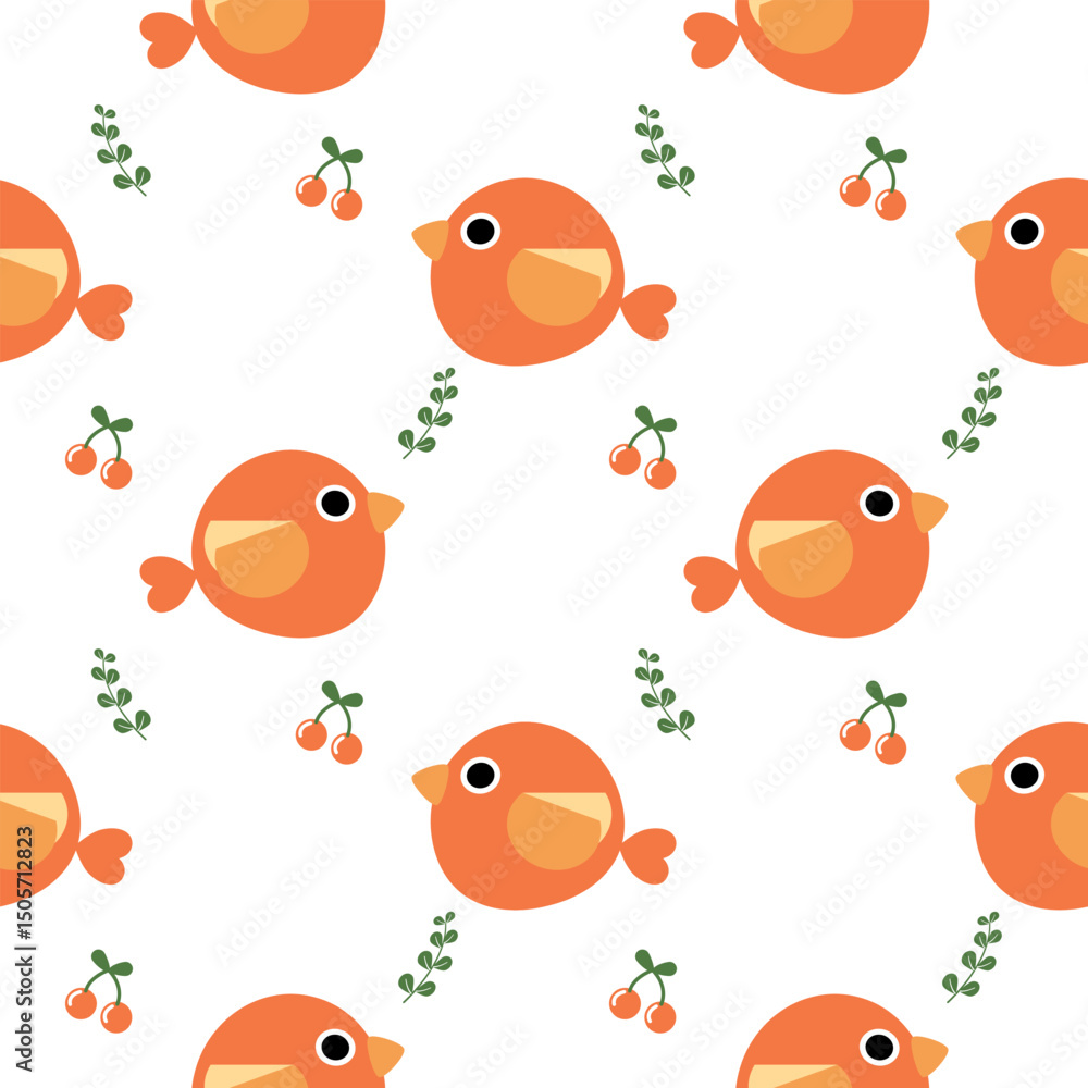Fototapeta premium Bird orange cartoon so cute. On cherry white background. Pattern seamless vector illustration. 
