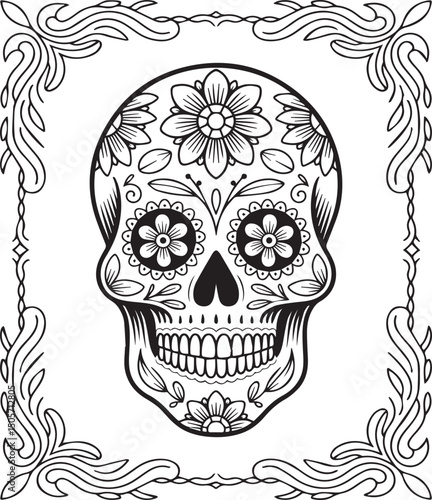 Halloween sugar skull with flower ornament decorative black line art illustration coloring page for adults 
