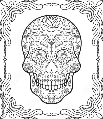Halloween sugar skull with flower ornament decorative black line art illustration coloring page for adults 