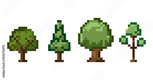 Set of pixel art trees in retro 8 bit style featuring green tree types with blocky design, perfect for video games, mobile apps, fashion print, design element, UI, animation, digital projects. Vector