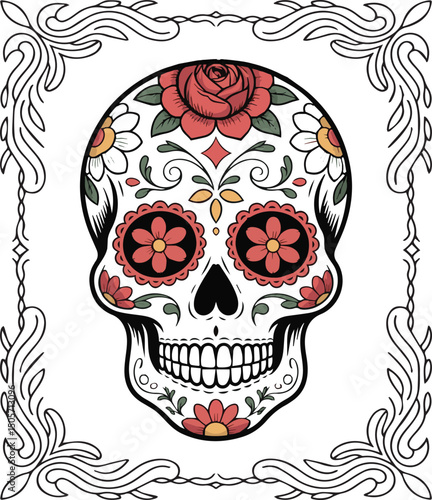 Halloween sugar skull with flower ornament decorative black line art illustration coloring page for adults 