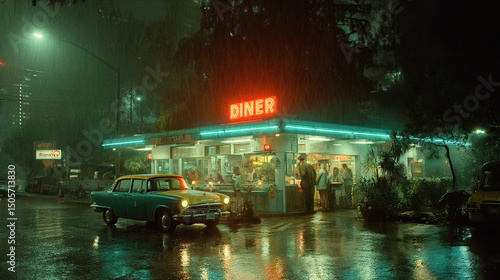 A vintage diner with neon lights in the rain, creating a classic and nostalgic scene.