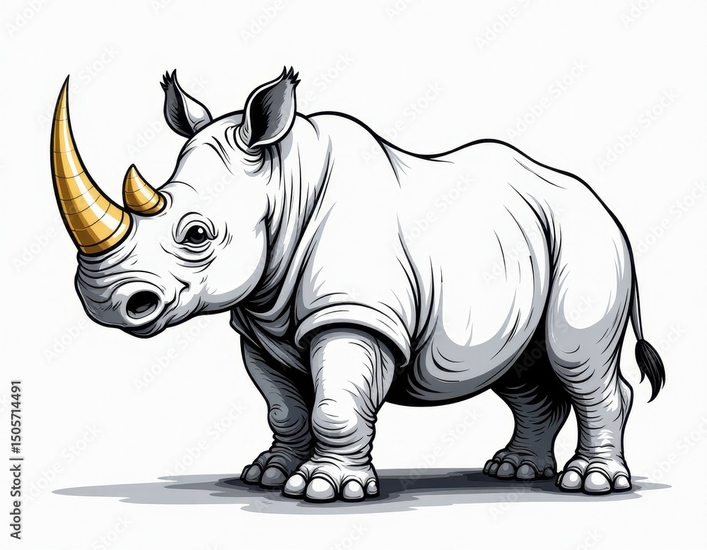 Fototapeta premium Majestic White Rhinoceros with Golden Horn - Hand-Drawn Illustration