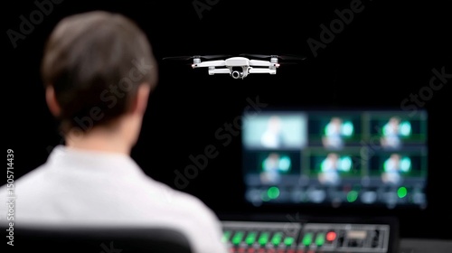 A focused individual operates a drone in a modern studio. The sleek design and technology create a sense of innovation. Perfect for tech enthusiasts and future projects. AI