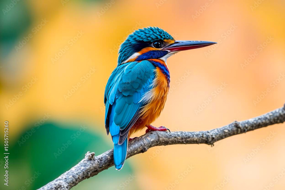 Fototapeta premium Vibrant Kingfisher Perched on a Tree Branch, Displaying Its Striking Blue and Orange Plumage in a Serene Natural Setting, Vibrant Wallpaper