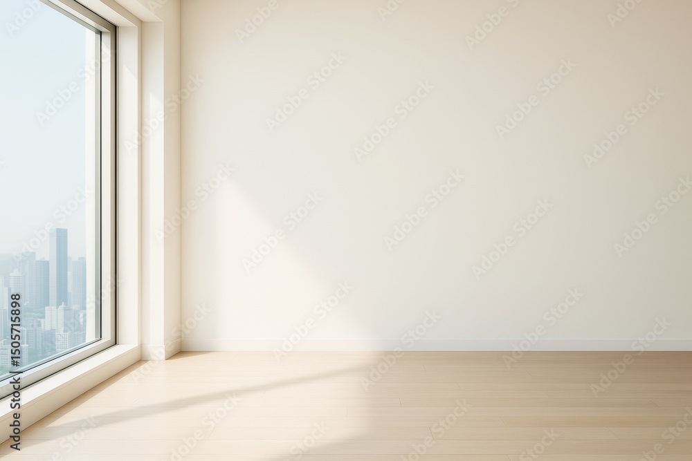 Fototapeta premium Minimalist empty room interior with large window and cityscape view, sunlight casting shadows on wooden floor, bright neutral background wall.