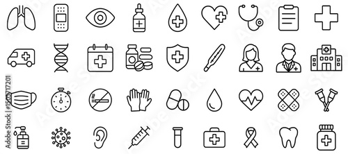 Collection of healthcare and medical related icons symbolizing a range of health services and supplies