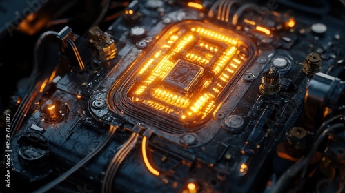 Futuristic machine with fiber optic cables and energy digital circuits, background wallpaper AI generated image