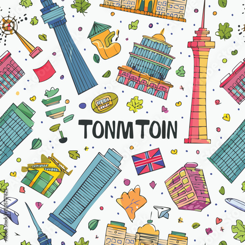 CN Tower, Toronto, Canada Vector Illustration with Seamless Pattern Design