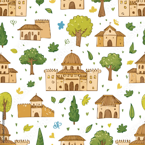 Alhambra, Granada, Spain Vector Illustration with Seamless Pattern Design