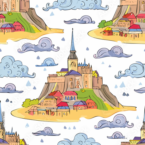 Mont Saint-Michel, Normandy, France Vector Illustration with Seamless Pattern Design