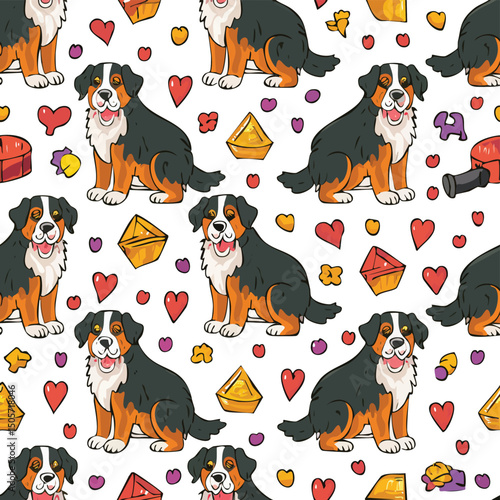 Bernese Mountain Dog Vector Illustration with Seamless Pattern Design
