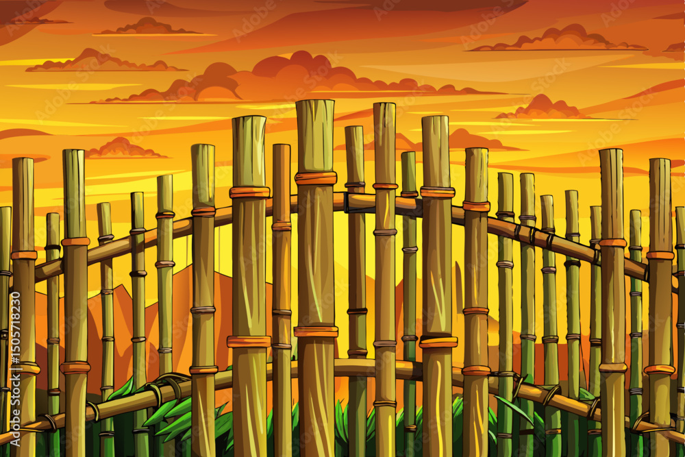 Obraz premium bamboo fence background at sunset time