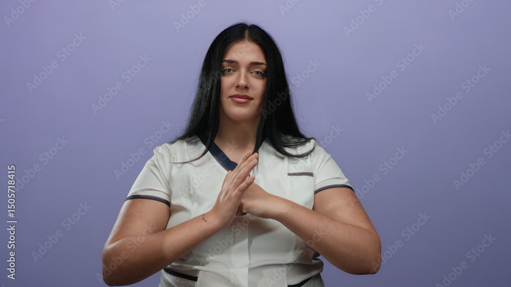 Obraz premium Woman in white shirt gesturing against an isolated purple background showcasing curvy confident style with relaxed expression over solid wall backdrop.