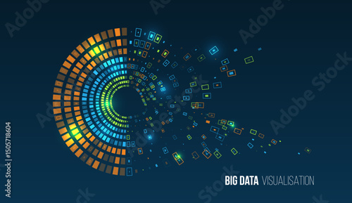 Abstract visualization of big data in the form of pie charts with diverging colored pixel blocks and squares. The image symbolizes data flow, digital transformation, information analysis