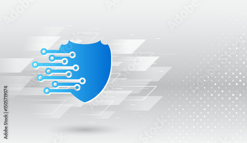 Modern digital security concept with a blue shield and circuit lines on a light gray geometric background. Ideal for cybersecurity, data protection, antivirus, and tech-related presentations.