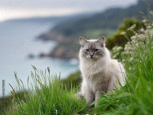 Grey ragdoll cat sitting on green grass in spring landscape with sea in the background, full-body view in natural light with shallow depth of field, realistic outdoor animal portrait