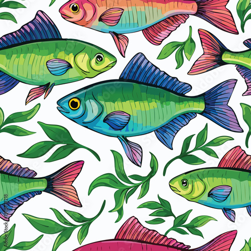 Neon Tetra Vector Illustration with Seamless Pattern Design