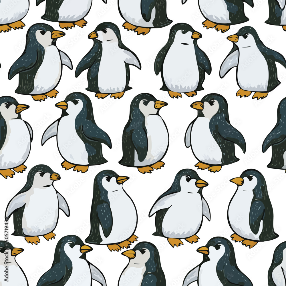 Obraz premium Adélie Penguin Vector Illustration with Seamless Pattern Design