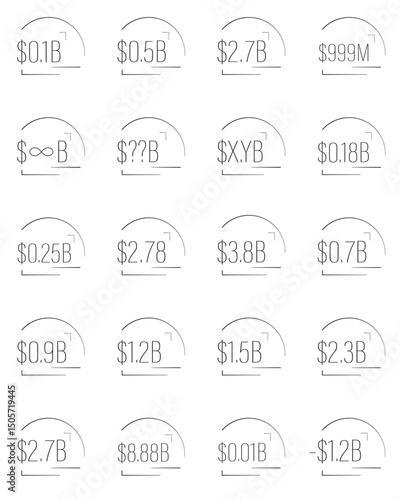 Minimalist vector set of numeric symbols with real and abstract values in billions and millions. Perfect for infographics, financial design and presentations