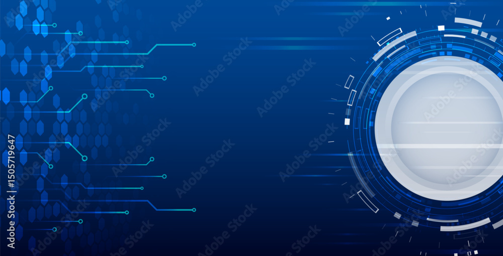 Obraz premium Futuristic digital background with circle, hexagons and circuit lines on blue background. Perfect for tech presentations, innovation and digital technology themes.