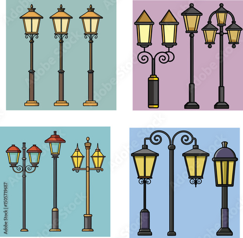 Color line art street light lamp icon