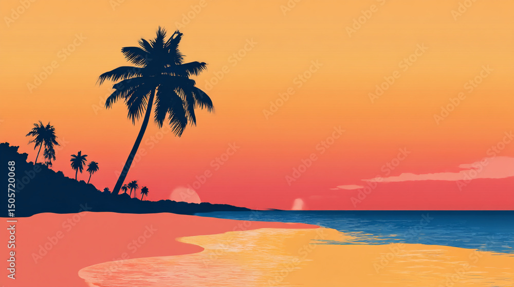 Silhouette of palm trees on a beach during sunset with orange and pink sky and calm blue ocean view Silhouette of palm trees on a beach during sunset with orange and pink sky and calm blue ocean view