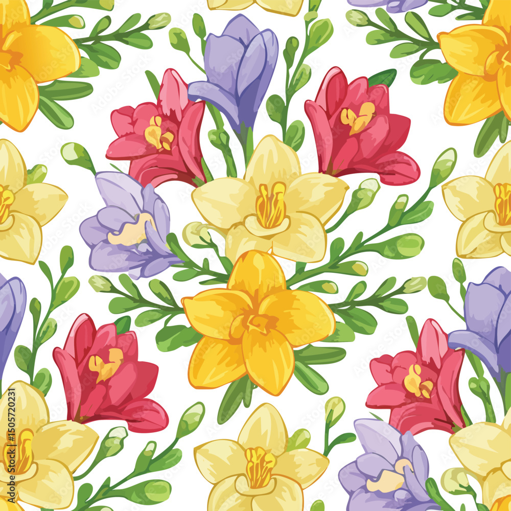 Obraz premium Freesia Vector Illustration with Seamless Pattern Design
