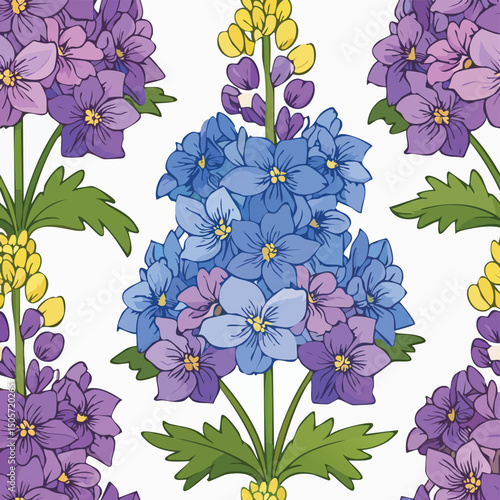 Delphinium Vector Illustration with Seamless Pattern Design