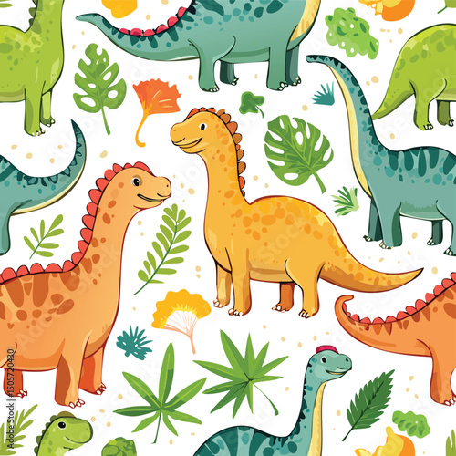 Brachiosaurus Vector Illustration with Seamless Pattern Design