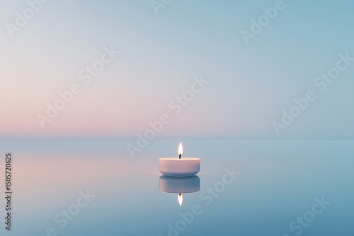 Single candle reflecting on still water, soft pastel colors