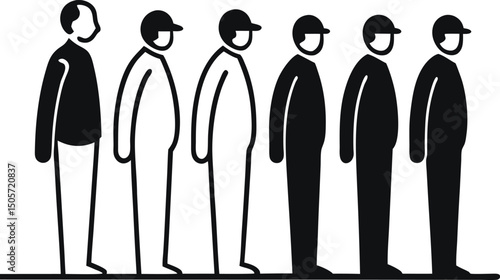 A line of people standing in queue, waiting to vote line art vector illustration on transparent background.