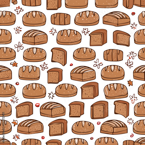 Rye Bread Vector Illustration with Seamless Pattern Design