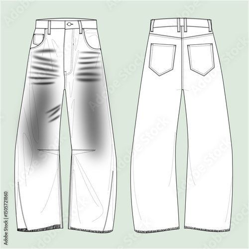 Silhouette balloon jeans, outline balloon jeans, silhouette barrel jeans, outline barrel jeans, whisker, Rub the front of the jeans to lighten the color, wide legged, vector, fashion denim, casual