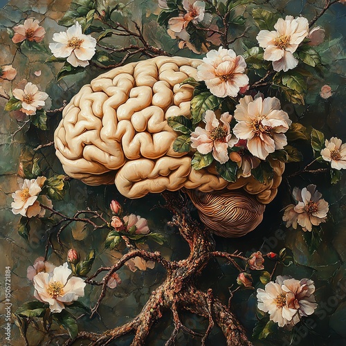 A hyper-realistic oil painting of a human brain transforming into a blooming tree with delicate flowers photo