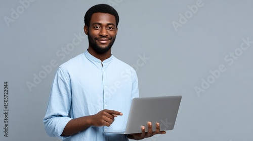 A young man smiles while holding a laptop in a bright and modern setting. His casual style reflects comfort and confidence. This image is perfect for tech and lifestyle themes. AI