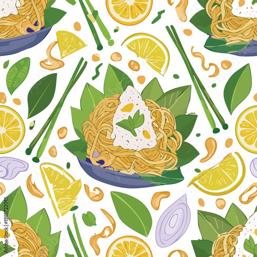 Pad Thai Vector Illustration with Seamless Pattern Design
