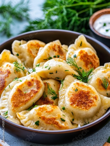 Delicious Pan-Fried Pierogi - Golden brown pan-fried pierogi, seasoned with fresh dill, served in a bowl. A savory and satisfying meal