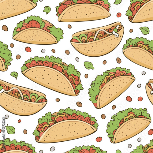 Beef Tacos Vector Illustration with Seamless Pattern Design